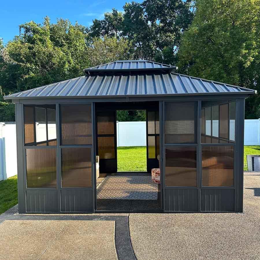 PURPLE LEAF Sunroom Hardtop Gazebo Solarium Grey Galvanized Steel Double Roof All-Weather Aluminum Outdoor Screen House with String Lights - Image 48