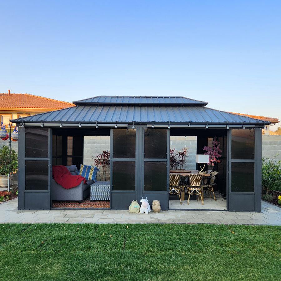 PURPLE LEAF Sunroom Hardtop Gazebo Solarium Grey Galvanized Steel Double Roof All-Weather Aluminum Outdoor Screen House with String Lights - Image 56