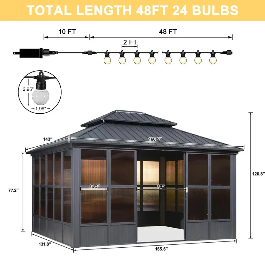 PURPLE LEAF Sunroom Hardtop Gazebo Solarium Grey Galvanized Steel Double Roof All-Weather Aluminum Outdoor Screen House with String Lights - Image 57