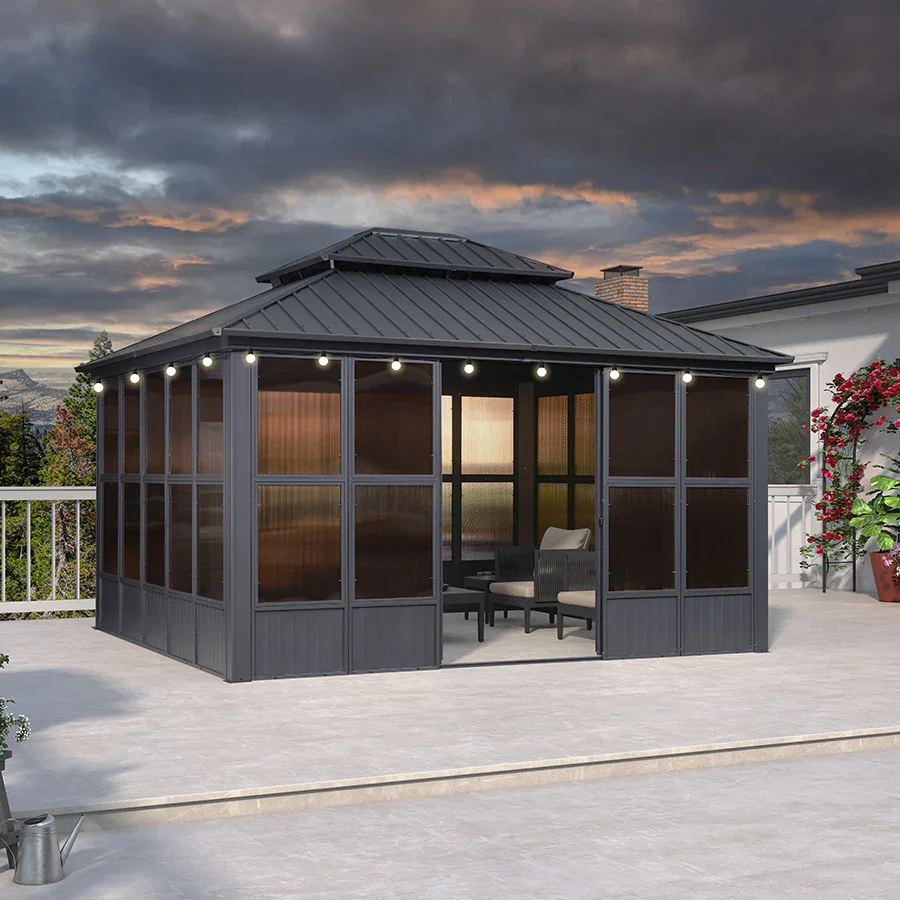 PURPLE LEAF Sunroom Hardtop Gazebo Solarium Grey Galvanized Steel Double Roof All-Weather Aluminum Outdoor Screen House with String Lights - Image 58