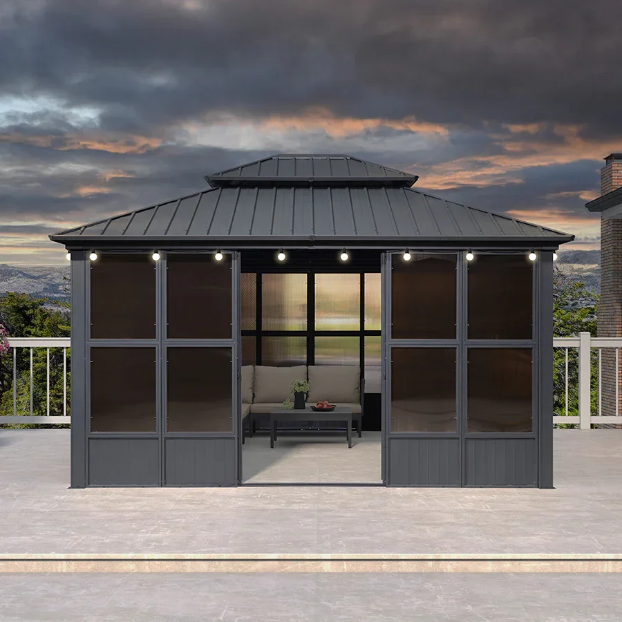 PURPLE LEAF Sunroom Hardtop Gazebo Solarium Grey Galvanized Steel Double Roof All-Weather Aluminum Outdoor Screen House with String Lights - Image 59