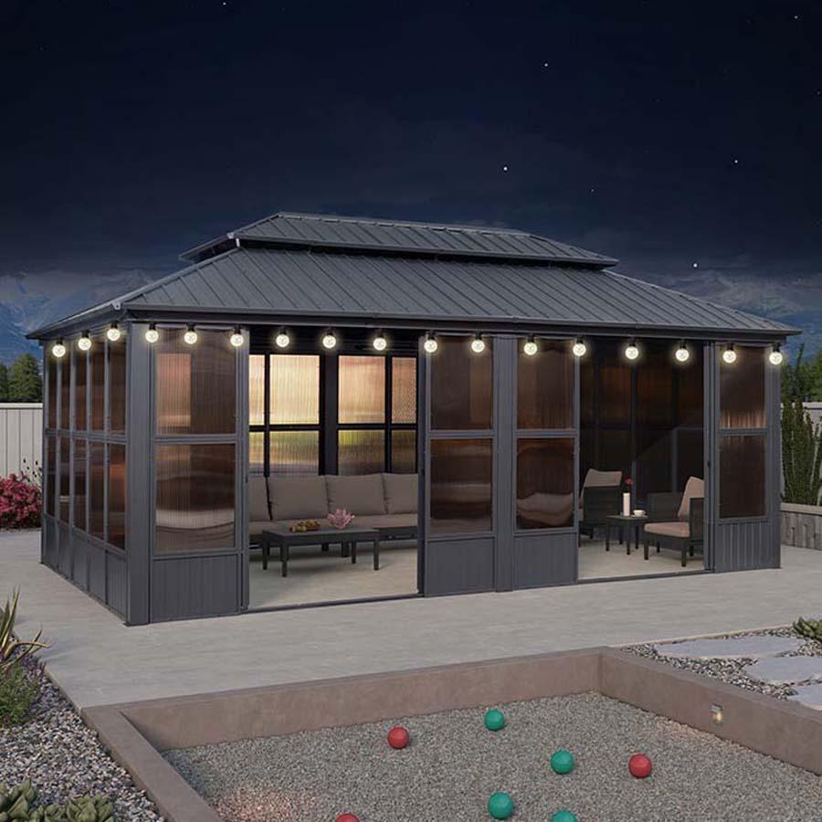 PURPLE LEAF Sunroom Hardtop Gazebo Solarium Grey Galvanized Steel Double Roof All-Weather Aluminum Outdoor Screen House with String Lights - Image 6