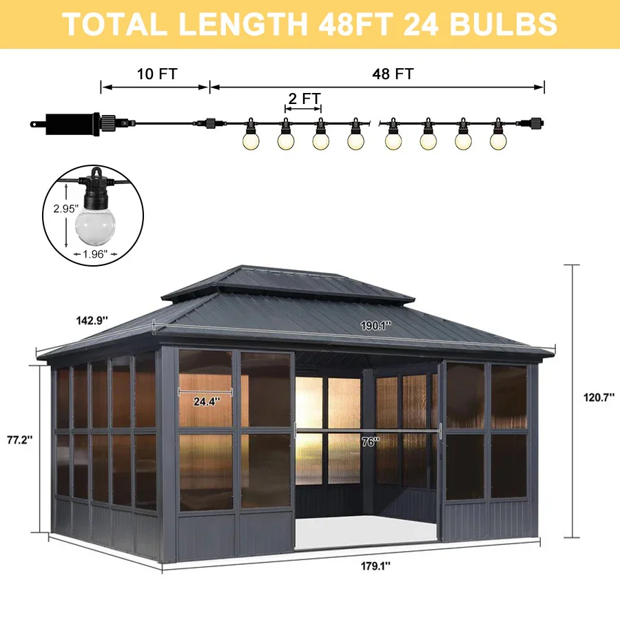 PURPLE LEAF Sunroom Hardtop Gazebo Solarium Grey Galvanized Steel Double Roof All-Weather Aluminum Outdoor Screen House with String Lights - Image 61