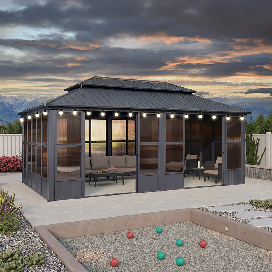 PURPLE LEAF Sunroom Hardtop Gazebo Solarium Grey Galvanized Steel Double Roof All-Weather Aluminum Outdoor Screen House with String Lights - Image 64