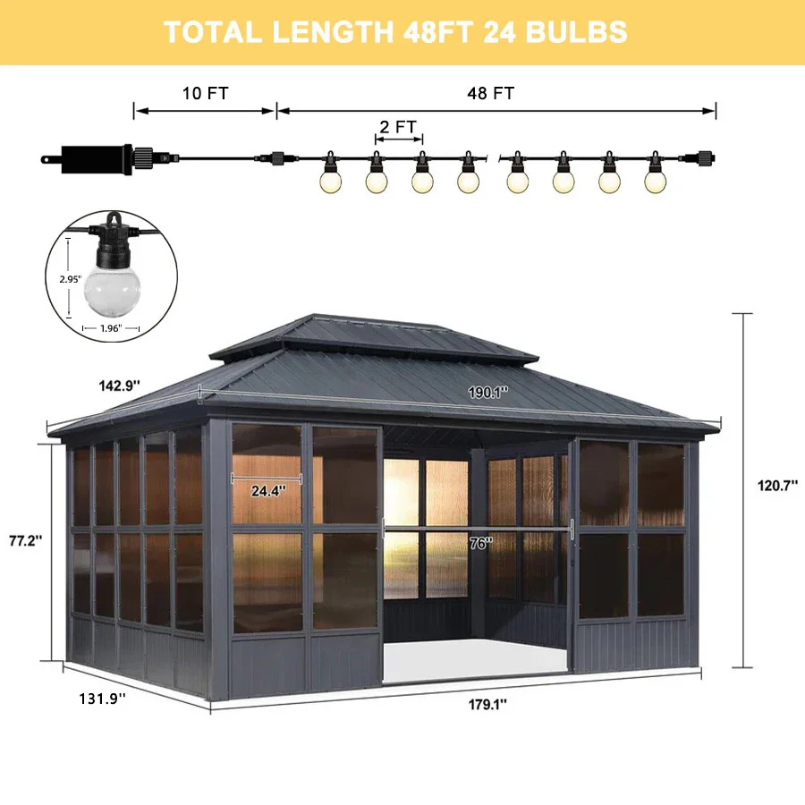 PURPLE LEAF Sunroom Hardtop Gazebo Solarium Grey Galvanized Steel Double Roof All-Weather Aluminum Outdoor Screen House with String Lights - Image 67