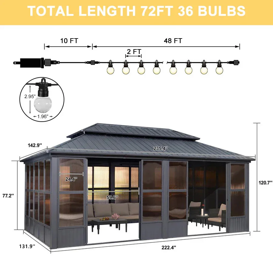 PURPLE LEAF Sunroom Hardtop Gazebo Solarium Grey Galvanized Steel Double Roof All-Weather Aluminum Outdoor Screen House with String Lights - Image 68