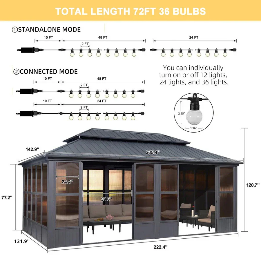 PURPLE LEAF Sunroom Hardtop Gazebo Solarium Grey Galvanized Steel Double Roof All-Weather Aluminum Outdoor Screen House with String Lights - Image 69