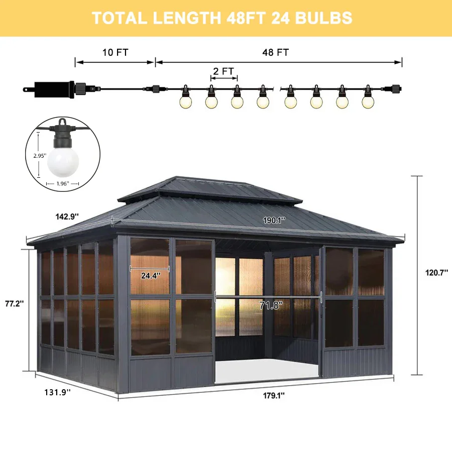 PURPLE LEAF Sunroom Hardtop Gazebo Solarium Grey Galvanized Steel Double Roof All-Weather Aluminum Outdoor Screen House with String Lights - Image 70