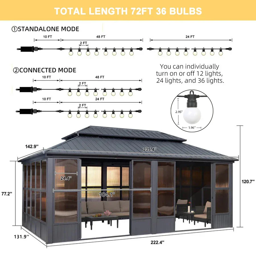 PURPLE LEAF Sunroom Hardtop Gazebo Solarium Grey Galvanized Steel Double Roof All-Weather Aluminum Outdoor Screen House with String Lights - Image 72
