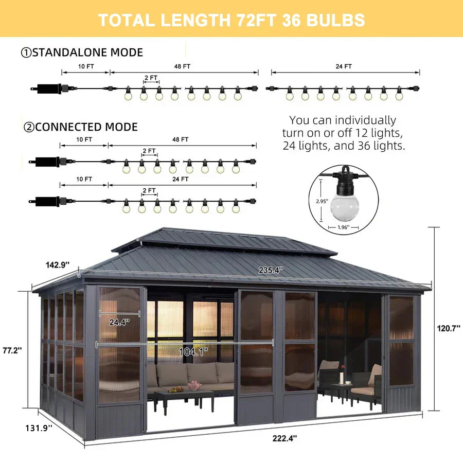PURPLE LEAF Sunroom Hardtop Gazebo Solarium Grey Galvanized Steel Double Roof All-Weather Aluminum Outdoor Screen House with String Lights - Image 73
