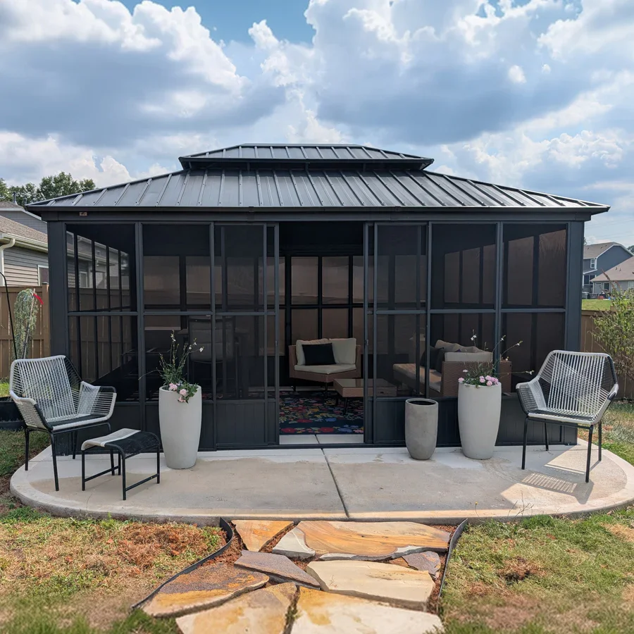 PURPLE LEAF Sunroom Hardtop Gazebo Solarium Grey Galvanized Steel Double Roof All-Weather Aluminum Outdoor Screen House with String Lights - Image 74