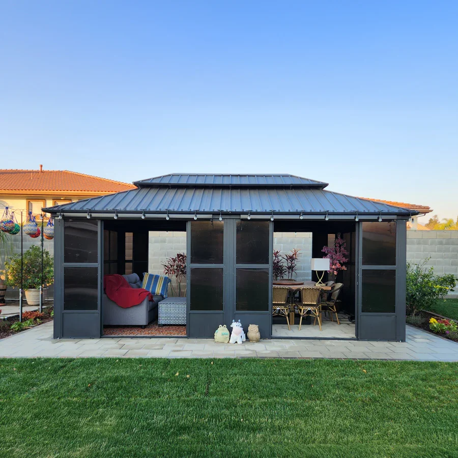 PURPLE LEAF Sunroom Hardtop Gazebo Solarium Grey Galvanized Steel Double Roof All-Weather Aluminum Outdoor Screen House with String Lights - Image 75
