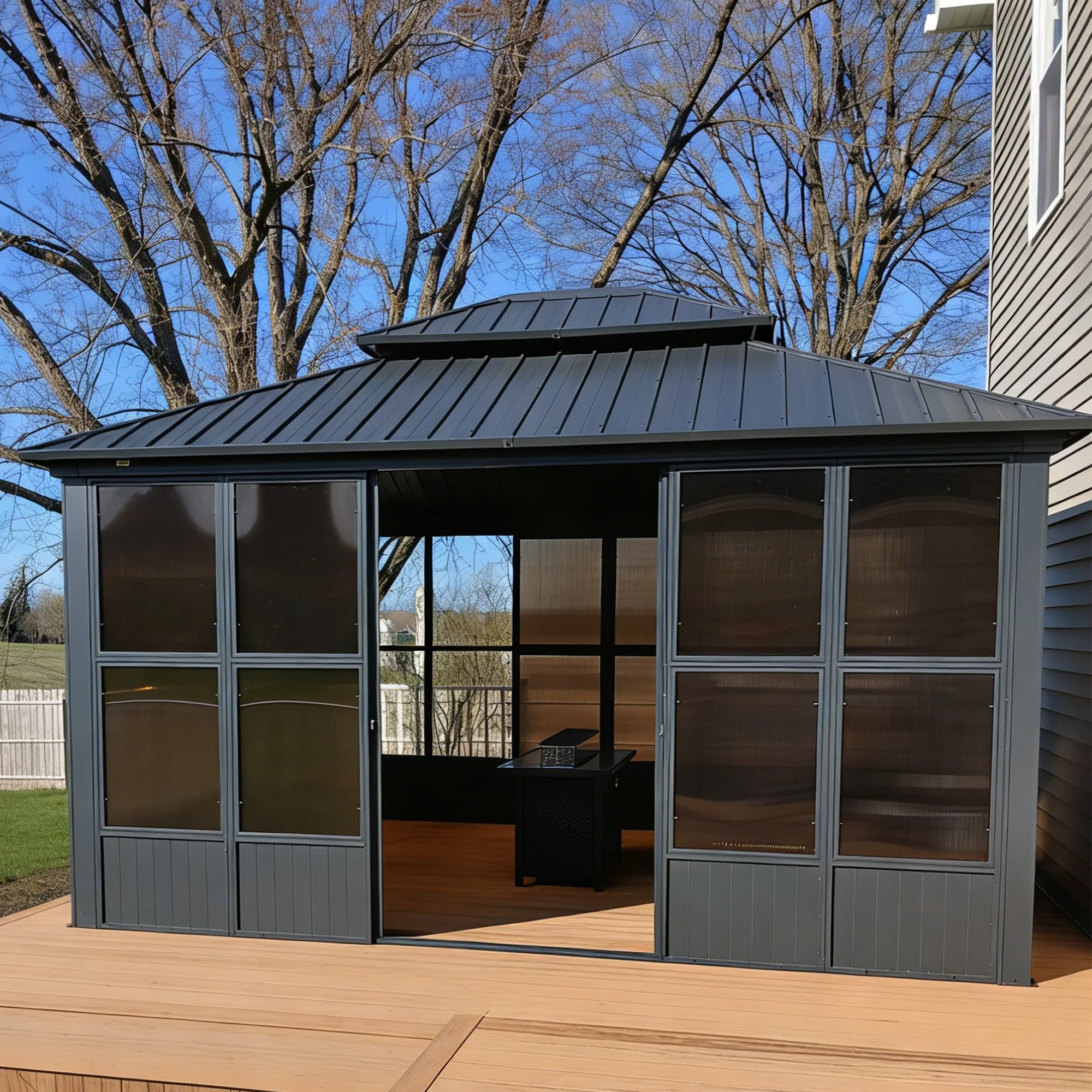 PURPLE LEAF Sunroom Hardtop Gazebo Solarium Grey Galvanized Steel Double Roof All-Weather Aluminum Outdoor Screen House with String Lights - Image 77