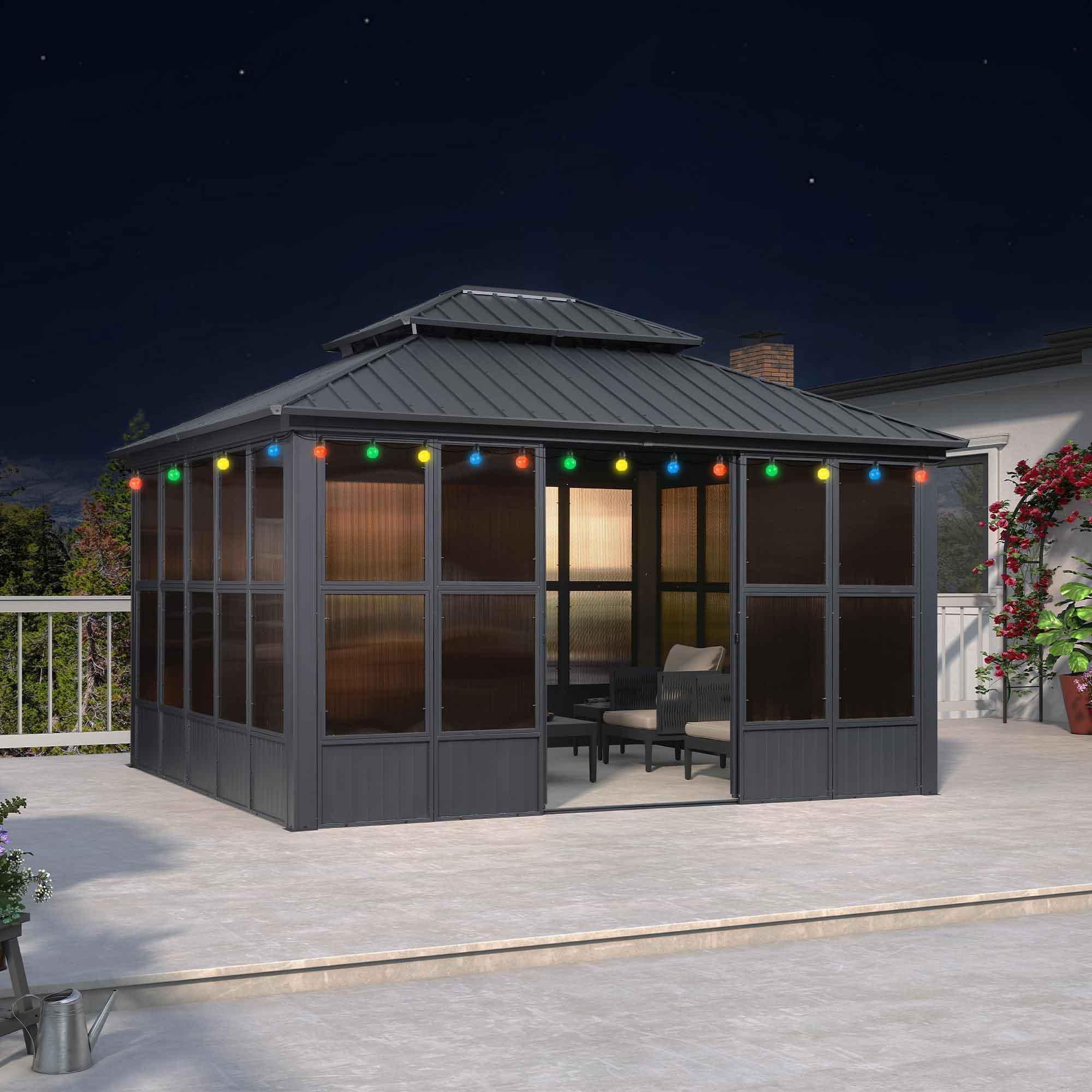 PURPLE LEAF Sunroom Hardtop Gazebo Solarium Grey Galvanized Steel Double Roof All-Weather Aluminum Outdoor Screen House with String Lights - Image 8