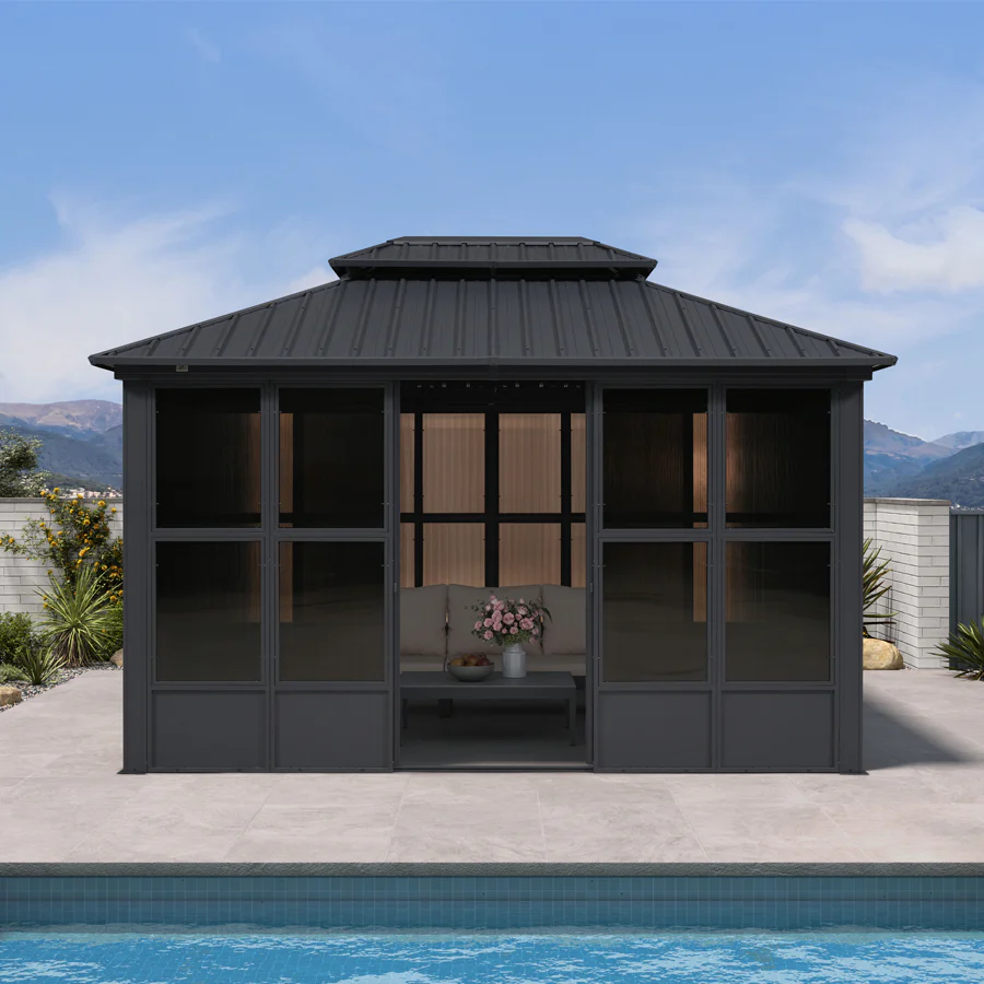 PURPLE LEAF Sunroom Hardtop Gazebo Solarium Grey Galvanized Steel Double Roof All-Weather Aluminum Outdoor Screen House - Image 66