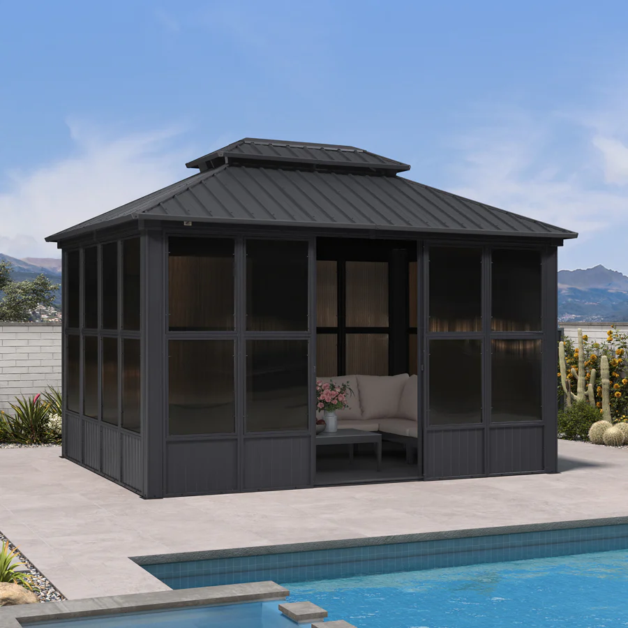 PURPLE LEAF Sunroom Hardtop Gazebo Solarium Grey Galvanized Steel Double Roof All-Weather Aluminum Outdoor Screen House - Image 67