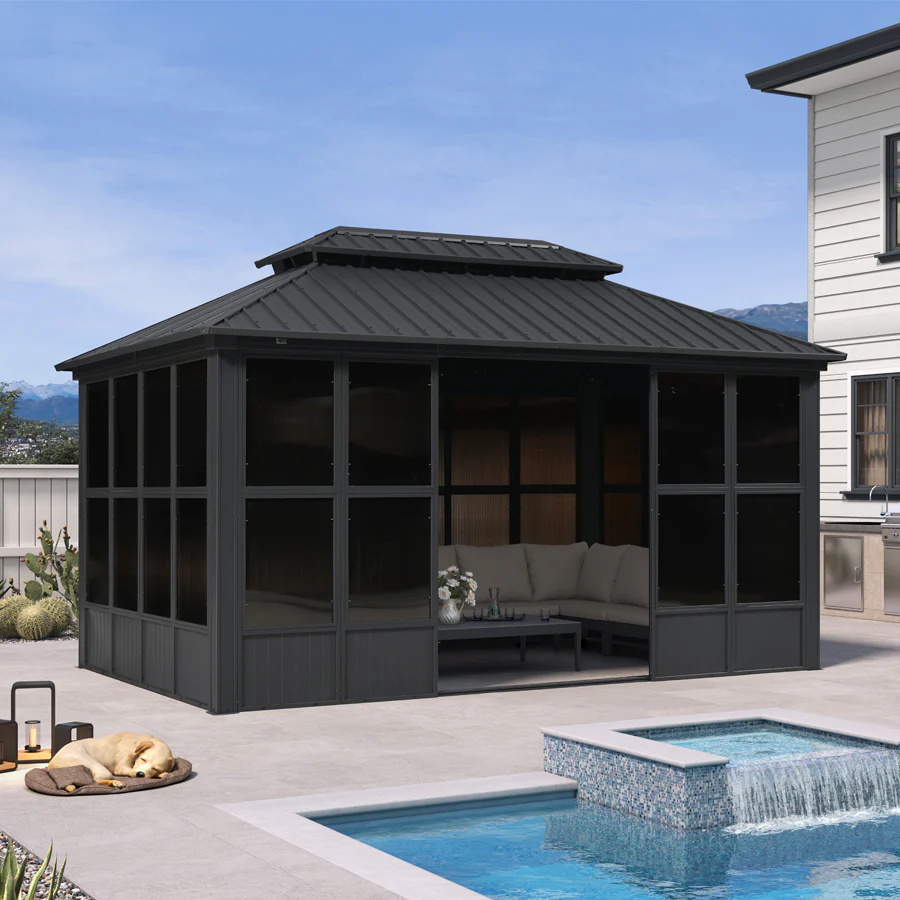 PURPLE LEAF Sunroom Hardtop Gazebo Solarium Grey Galvanized Steel Double Roof All-Weather Aluminum Outdoor Screen House - Image 69