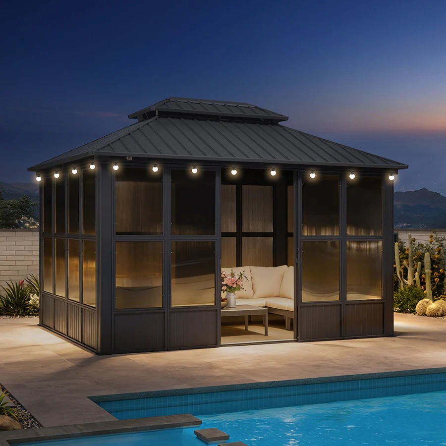 PURPLE LEAF Sunroom Hardtop Gazebo Solarium Grey Galvanized Steel Double Roof All-Weather Aluminum Outdoor Screen House with String Lights - Image 87