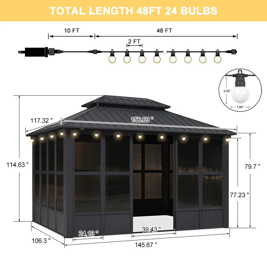 PURPLE LEAF Sunroom Hardtop Gazebo Solarium Grey Galvanized Steel Double Roof All-Weather Aluminum Outdoor Screen House with String Lights - Image 88