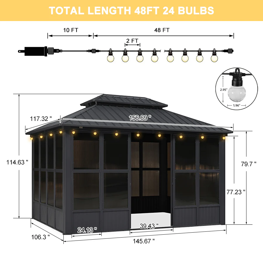 PURPLE LEAF Sunroom Hardtop Gazebo Solarium Grey Galvanized Steel Double Roof All-Weather Aluminum Outdoor Screen House with String Lights - Image 89