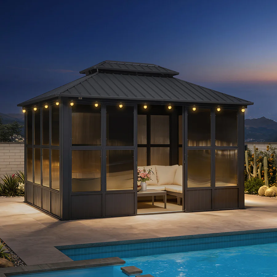 PURPLE LEAF Sunroom Hardtop Gazebo Solarium Grey Galvanized Steel Double Roof All-Weather Aluminum Outdoor Screen House with String Lights - Image 90