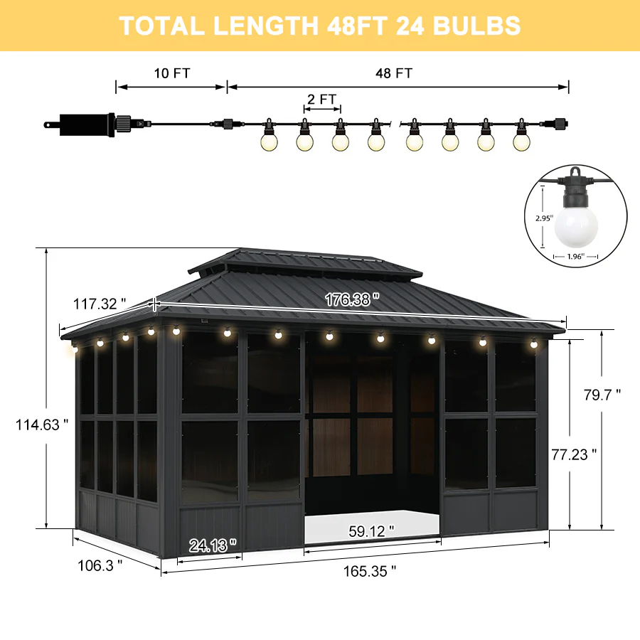 PURPLE LEAF Sunroom Hardtop Gazebo Solarium Grey Galvanized Steel Double Roof All-Weather Aluminum Outdoor Screen House with String Lights - Image 91