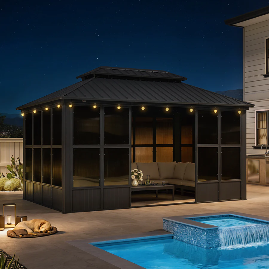 PURPLE LEAF Sunroom Hardtop Gazebo Solarium Grey Galvanized Steel Double Roof All-Weather Aluminum Outdoor Screen House with String Lights - Image 93