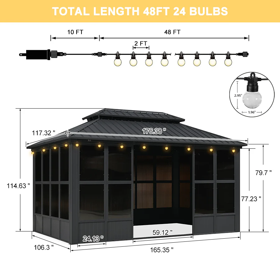 PURPLE LEAF Sunroom Hardtop Gazebo Solarium Grey Galvanized Steel Double Roof All-Weather Aluminum Outdoor Screen House with String Lights - Image 94