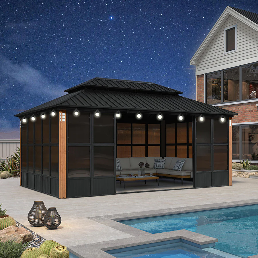 PURPLE LEAF Sunroom Hardtop Gazebo Solarium Wood Grain Galvanized Steel Double Roof All-Weather Aluminum Outdoor Screen House with String Lights - Image 103