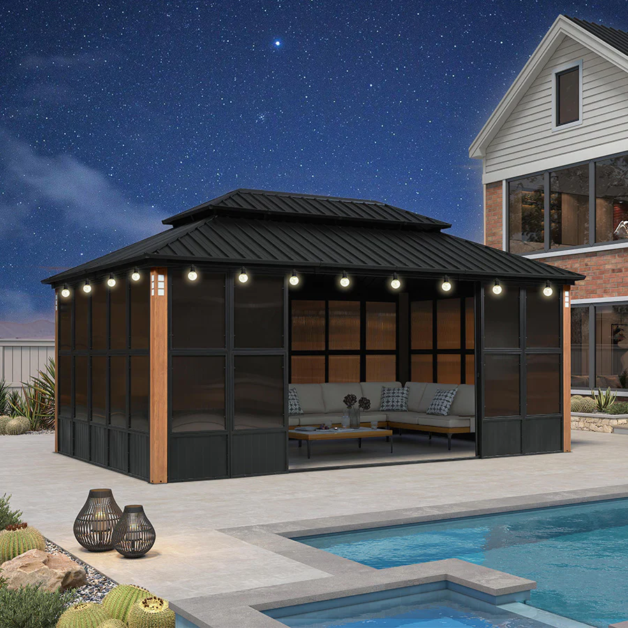 PURPLE LEAF Sunroom Hardtop Gazebo Solarium Wood Grain Galvanized Steel Double Roof All-Weather Aluminum Outdoor Screen House with String Lights - Image 105