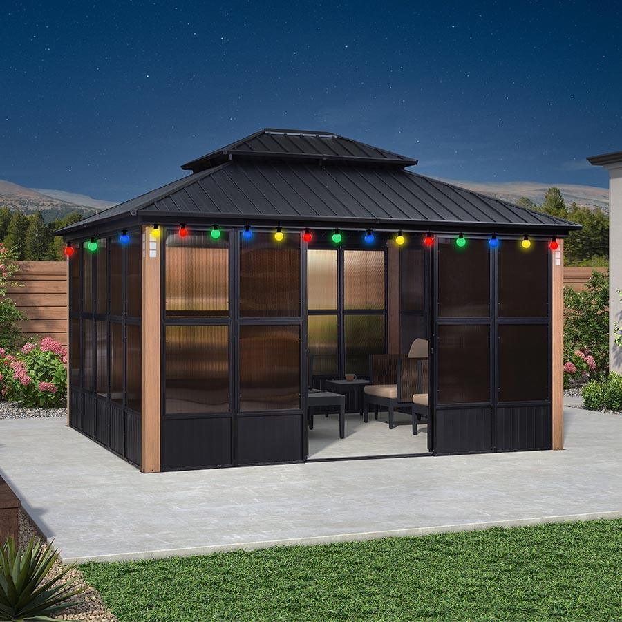 PURPLE LEAF Sunroom Hardtop Gazebo Solarium Wood Grain Galvanized Steel Double Roof All-Weather Aluminum Outdoor Screen House with String Lights - Image 11