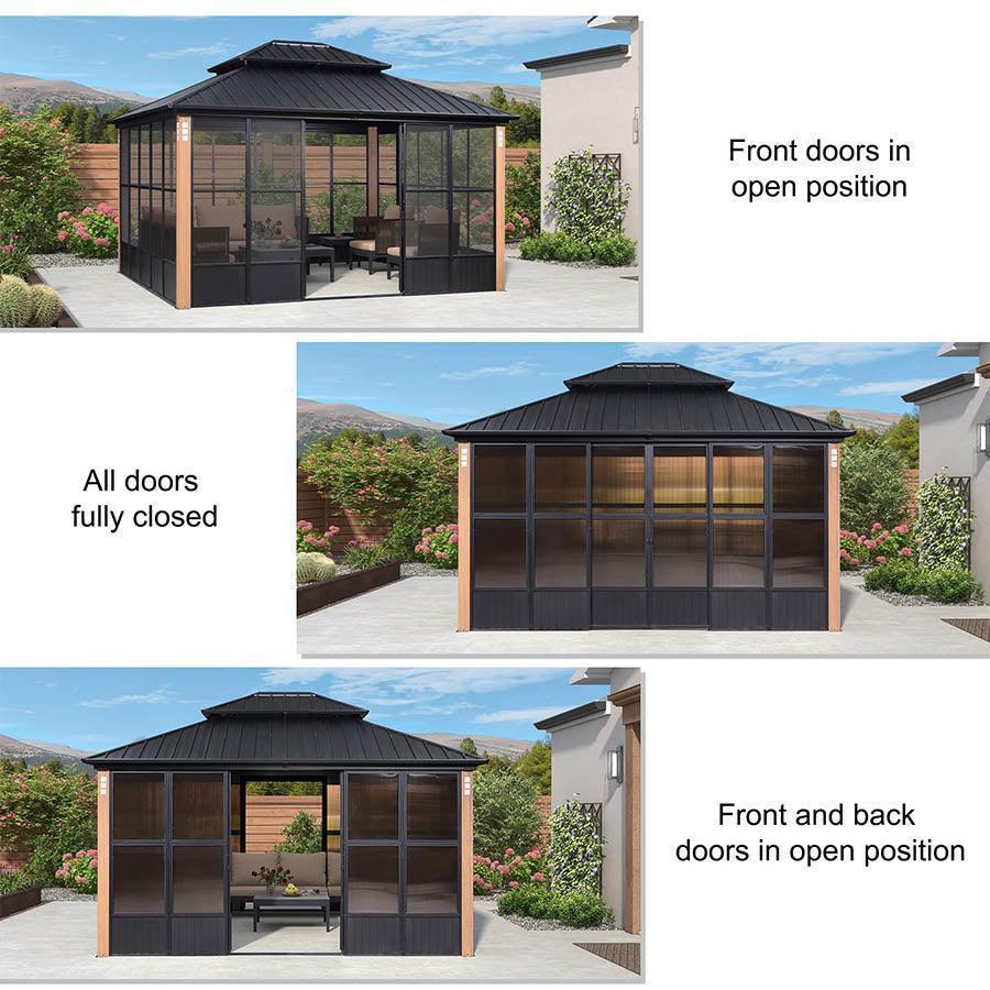 PURPLE LEAF Sunroom Hardtop Gazebo Solarium Wood Grain Galvanized Steel Double Roof All-Weather Aluminum Outdoor Screen House with String Lights - Image 12