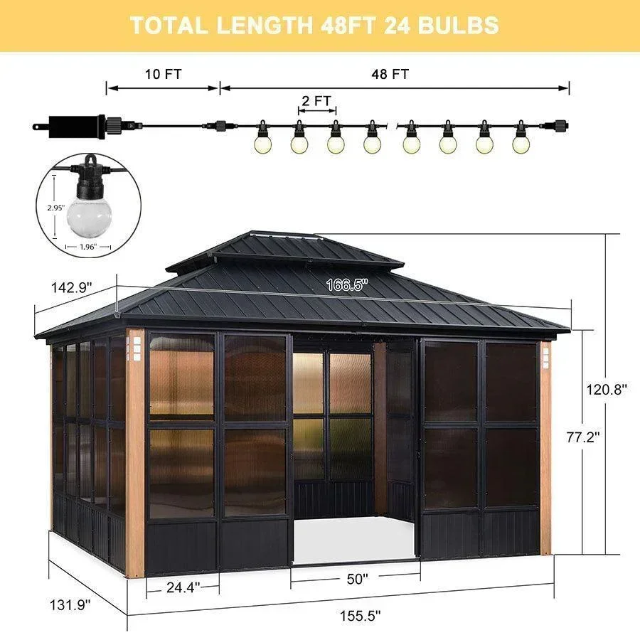 PURPLE LEAF Sunroom Hardtop Gazebo Solarium Wood Grain Galvanized Steel Double Roof All-Weather Aluminum Outdoor Screen House with String Lights - Image 15