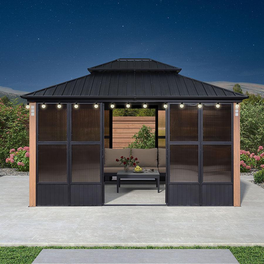 PURPLE LEAF Sunroom Hardtop Gazebo Solarium Wood Grain Galvanized Steel Double Roof All-Weather Aluminum Outdoor Screen House with String Lights - Image 16