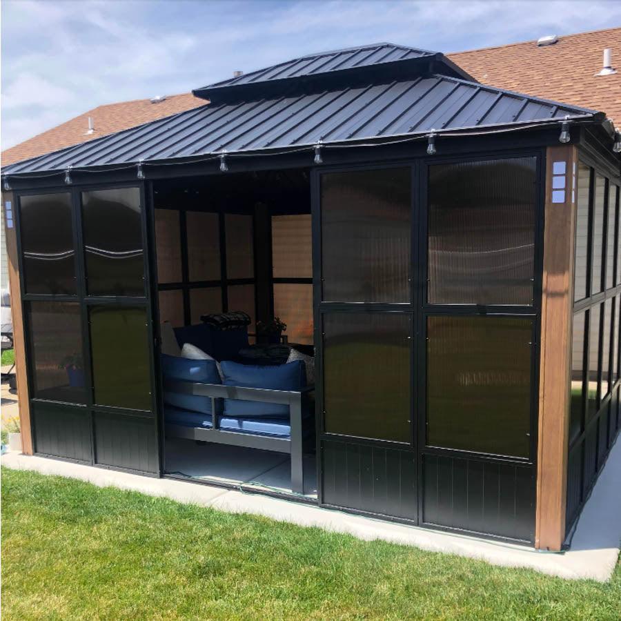 PURPLE LEAF Sunroom Hardtop Gazebo Solarium Wood Grain Galvanized Steel Double Roof All-Weather Aluminum Outdoor Screen House with String Lights - Image 18