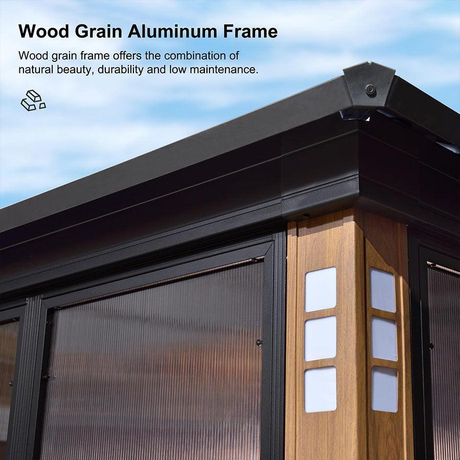 PURPLE LEAF Sunroom Hardtop Gazebo Solarium Wood Grain Galvanized Steel Double Roof All-Weather Aluminum Outdoor Screen House with String Lights - Image 19
