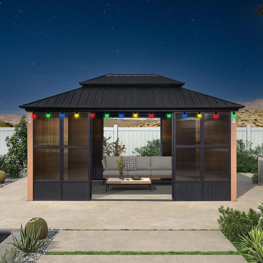 PURPLE LEAF Sunroom Hardtop Gazebo Solarium Wood Grain Galvanized Steel Double Roof All-Weather Aluminum Outdoor Screen House with String Lights - Image 21