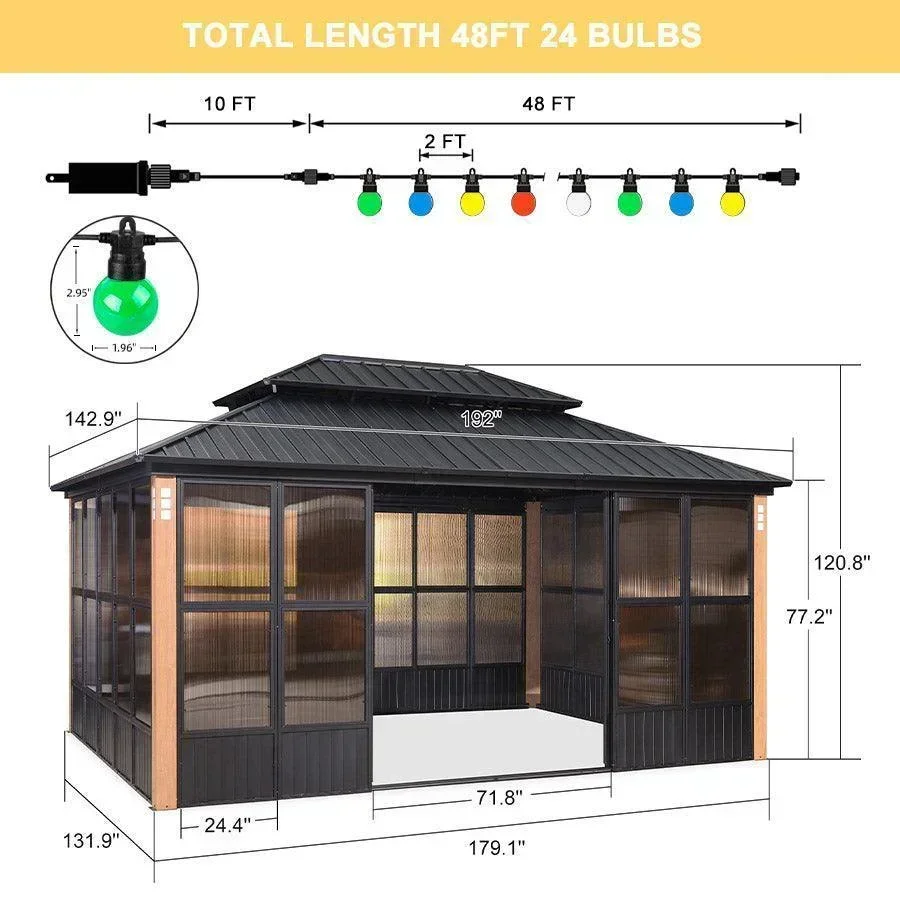 PURPLE LEAF Sunroom Hardtop Gazebo Solarium Wood Grain Galvanized Steel Double Roof All-Weather Aluminum Outdoor Screen House with String Lights - Image 22