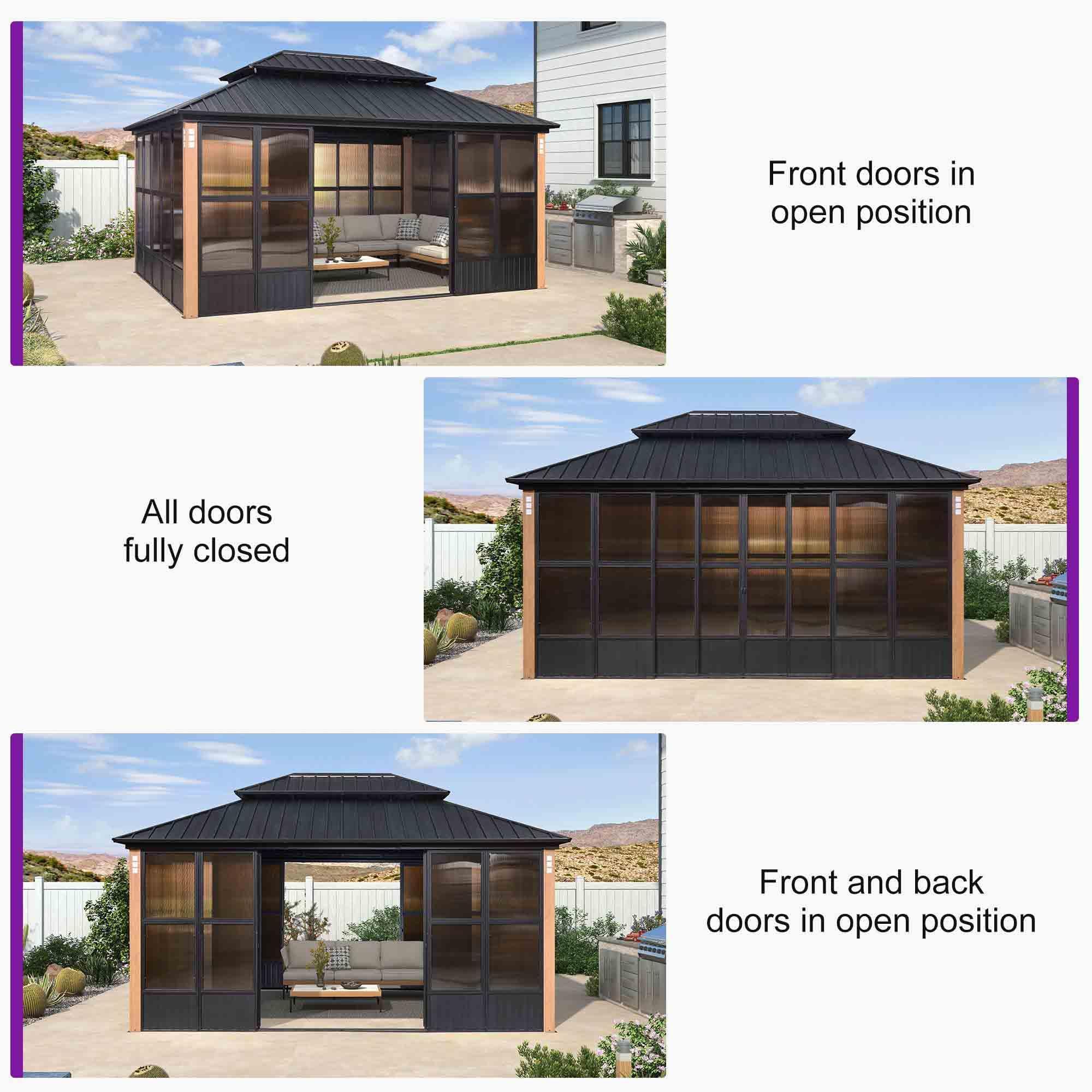 PURPLE LEAF Sunroom Hardtop Gazebo Solarium Wood Grain Galvanized Steel Double Roof All-Weather Aluminum Outdoor Screen House with String Lights - Image 25