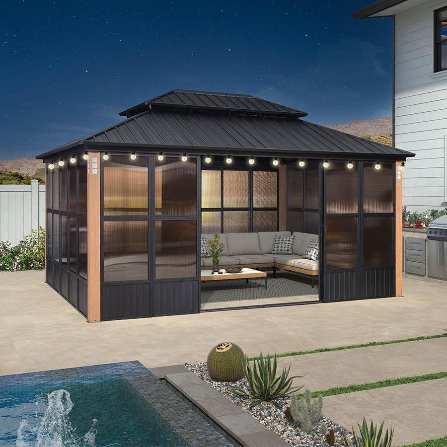 PURPLE LEAF Sunroom Hardtop Gazebo Solarium Wood Grain Galvanized Steel Double Roof All-Weather Aluminum Outdoor Screen House with String Lights - Image 29