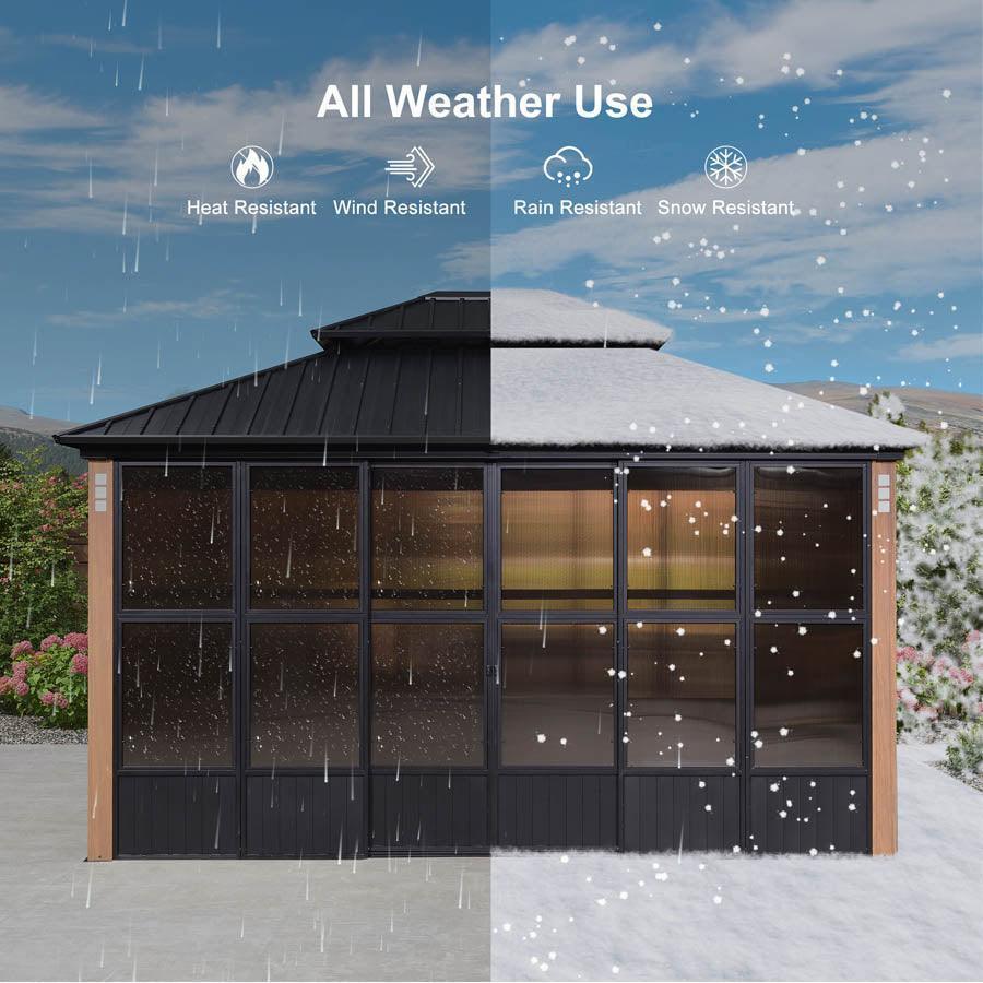 PURPLE LEAF Sunroom Hardtop Gazebo Solarium Wood Grain Galvanized Steel Double Roof All-Weather Aluminum Outdoor Screen House with String Lights - Image 3