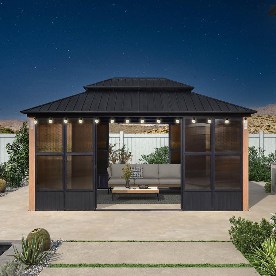 PURPLE LEAF Sunroom Hardtop Gazebo Solarium Wood Grain Galvanized Steel Double Roof All-Weather Aluminum Outdoor Screen House with String Lights - Image 30