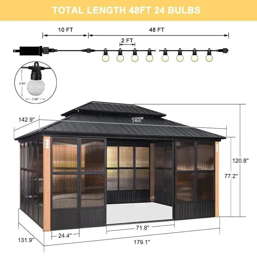 PURPLE LEAF Sunroom Hardtop Gazebo Solarium Wood Grain Galvanized Steel Double Roof All-Weather Aluminum Outdoor Screen House with String Lights - Image 31