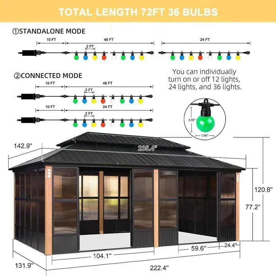PURPLE LEAF Sunroom Hardtop Gazebo Solarium Wood Grain Galvanized Steel Double Roof All-Weather Aluminum Outdoor Screen House with String Lights - Image 32