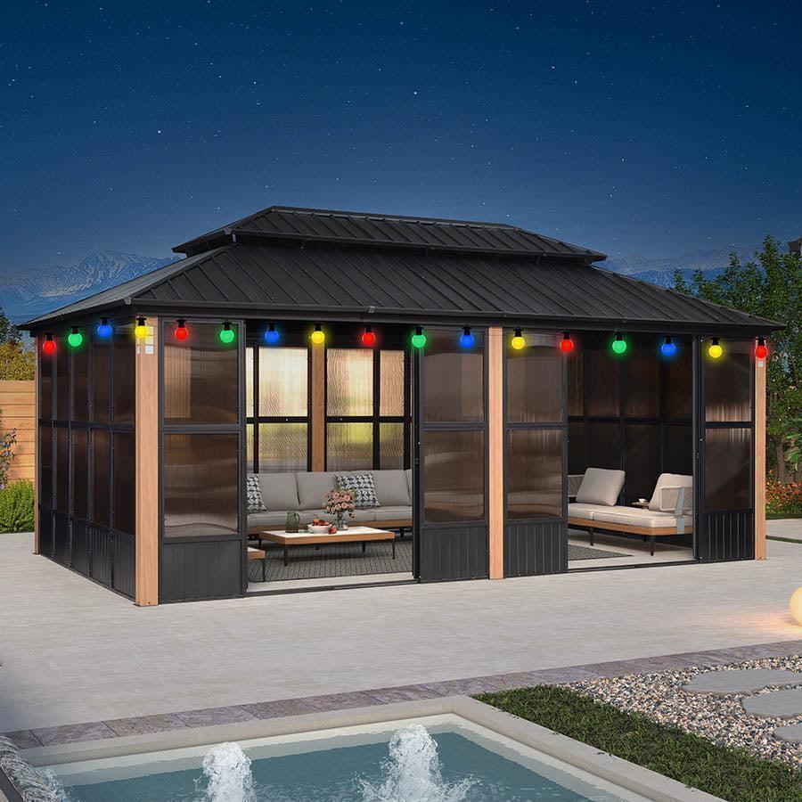 PURPLE LEAF Sunroom Hardtop Gazebo Solarium Wood Grain Galvanized Steel Double Roof All-Weather Aluminum Outdoor Screen House with String Lights - Image 33