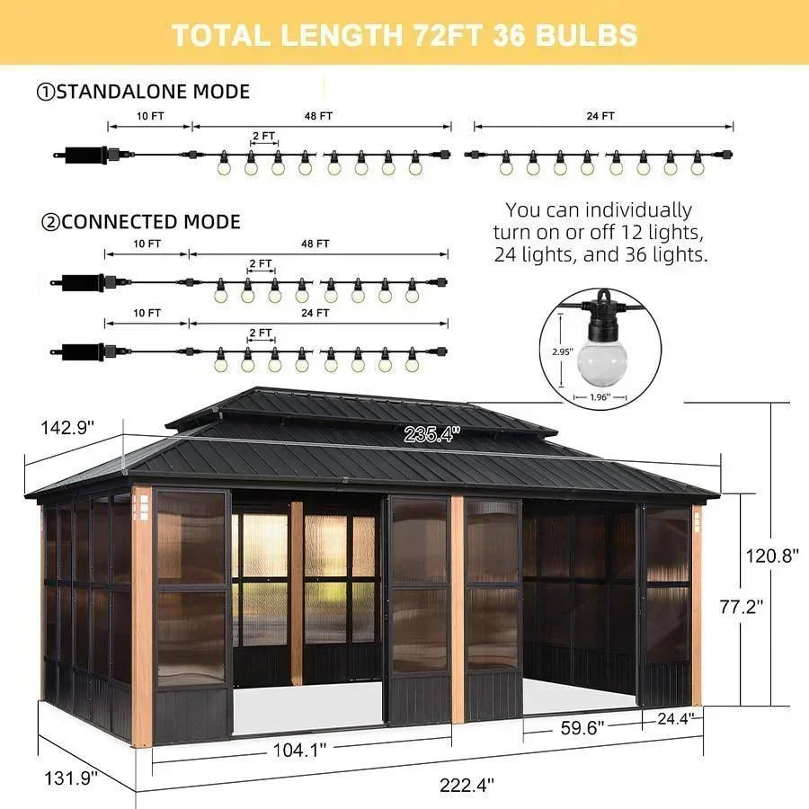 PURPLE LEAF Sunroom Hardtop Gazebo Solarium Wood Grain Galvanized Steel Double Roof All-Weather Aluminum Outdoor Screen House with String Lights - Image 36
