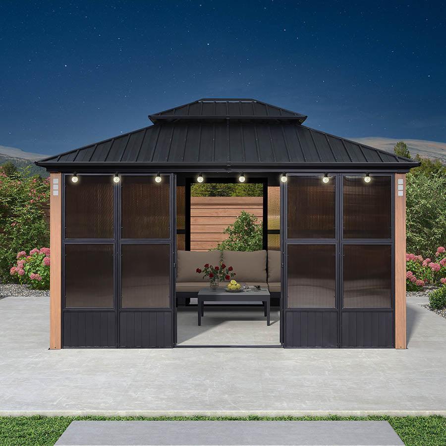 PURPLE LEAF Sunroom Hardtop Gazebo Solarium Wood Grain Galvanized Steel Double Roof All-Weather Aluminum Outdoor Screen House with String Lights - Image 38