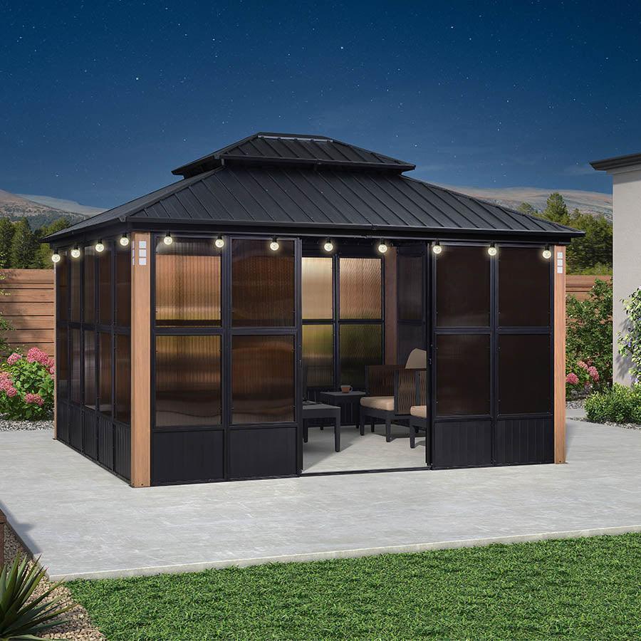 PURPLE LEAF Sunroom Hardtop Gazebo Solarium Wood Grain Galvanized Steel Double Roof All-Weather Aluminum Outdoor Screen House with String Lights - Image 39
