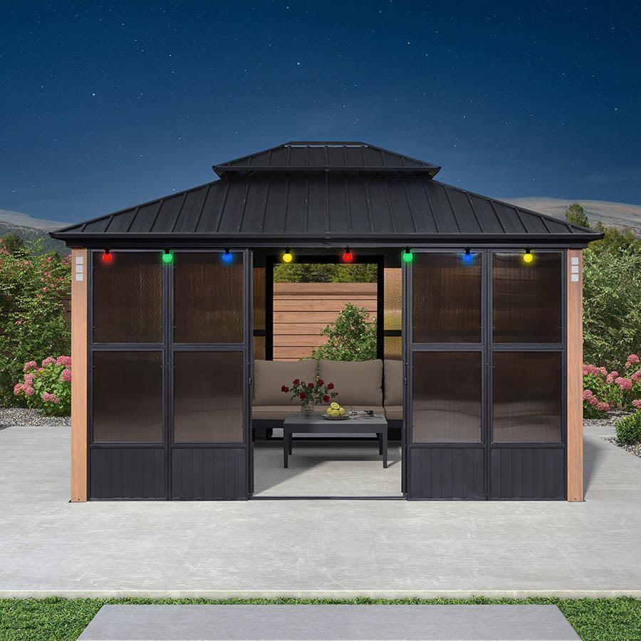 PURPLE LEAF Sunroom Hardtop Gazebo Solarium Wood Grain Galvanized Steel Double Roof All-Weather Aluminum Outdoor Screen House with String Lights - Image 4