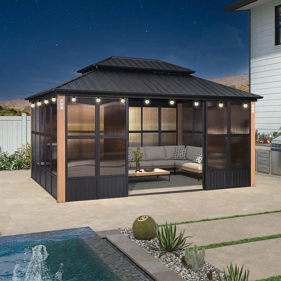 PURPLE LEAF Sunroom Hardtop Gazebo Solarium Wood Grain Galvanized Steel Double Roof All-Weather Aluminum Outdoor Screen House with String Lights - Image 42